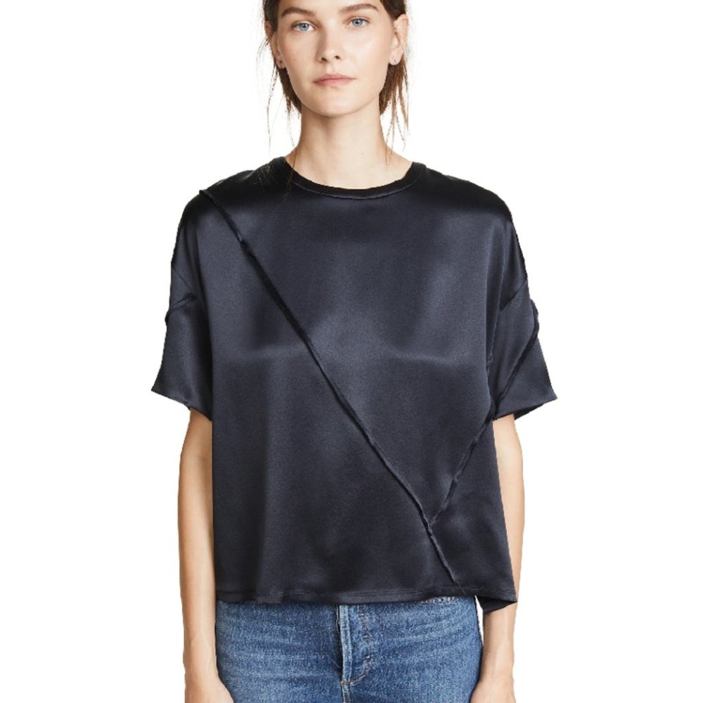 Vince Navy Silk Raw Edge Oversize Short Sleeve Blouse